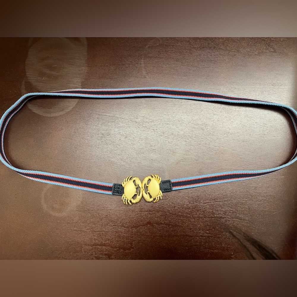 NWOT Tory burch Crab Clasp Striped Webbing Skinny Elastic Belt Blue Red